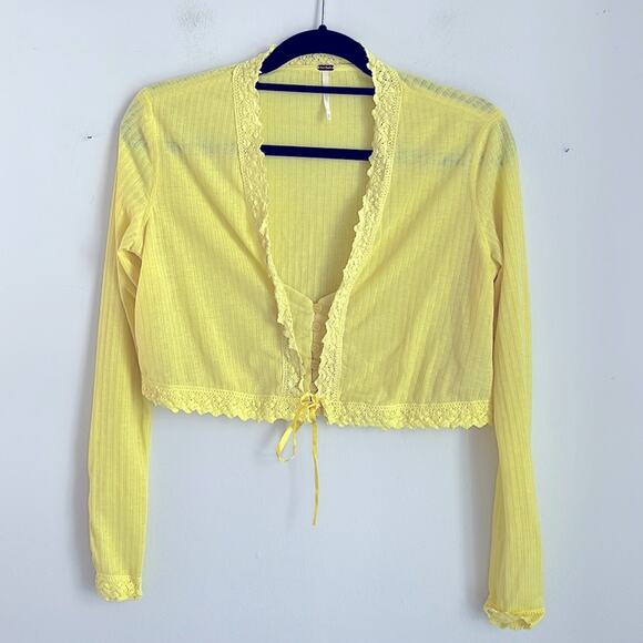 Free People Third Date ribbed long sleeve crochet lace boho festival crop top - Picture 1 of 6